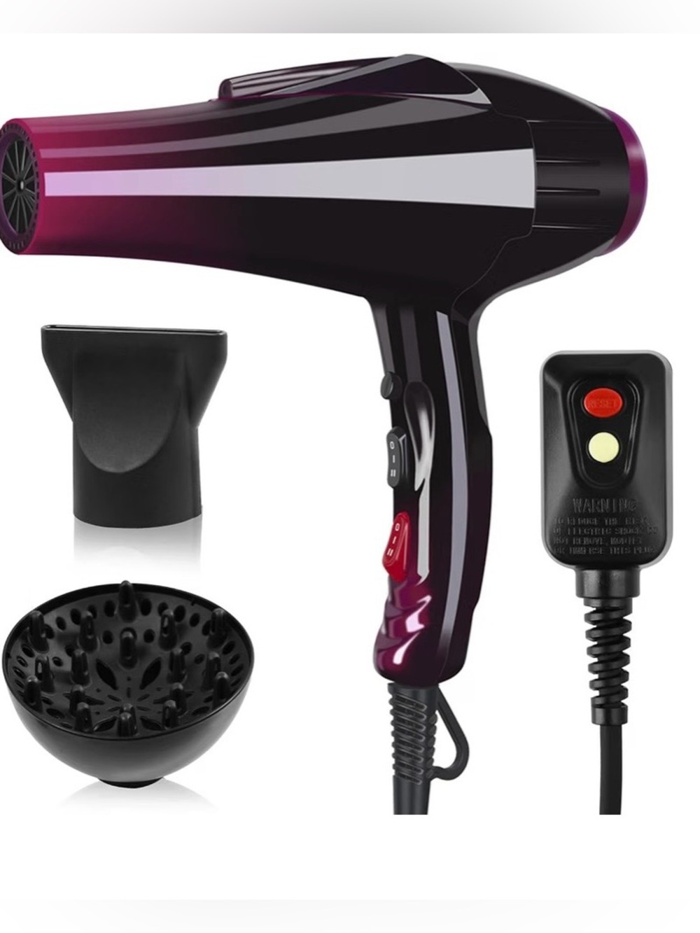 Sisrol Ionic Black & Purple Hair Dryer with Diffuser and Nozzle